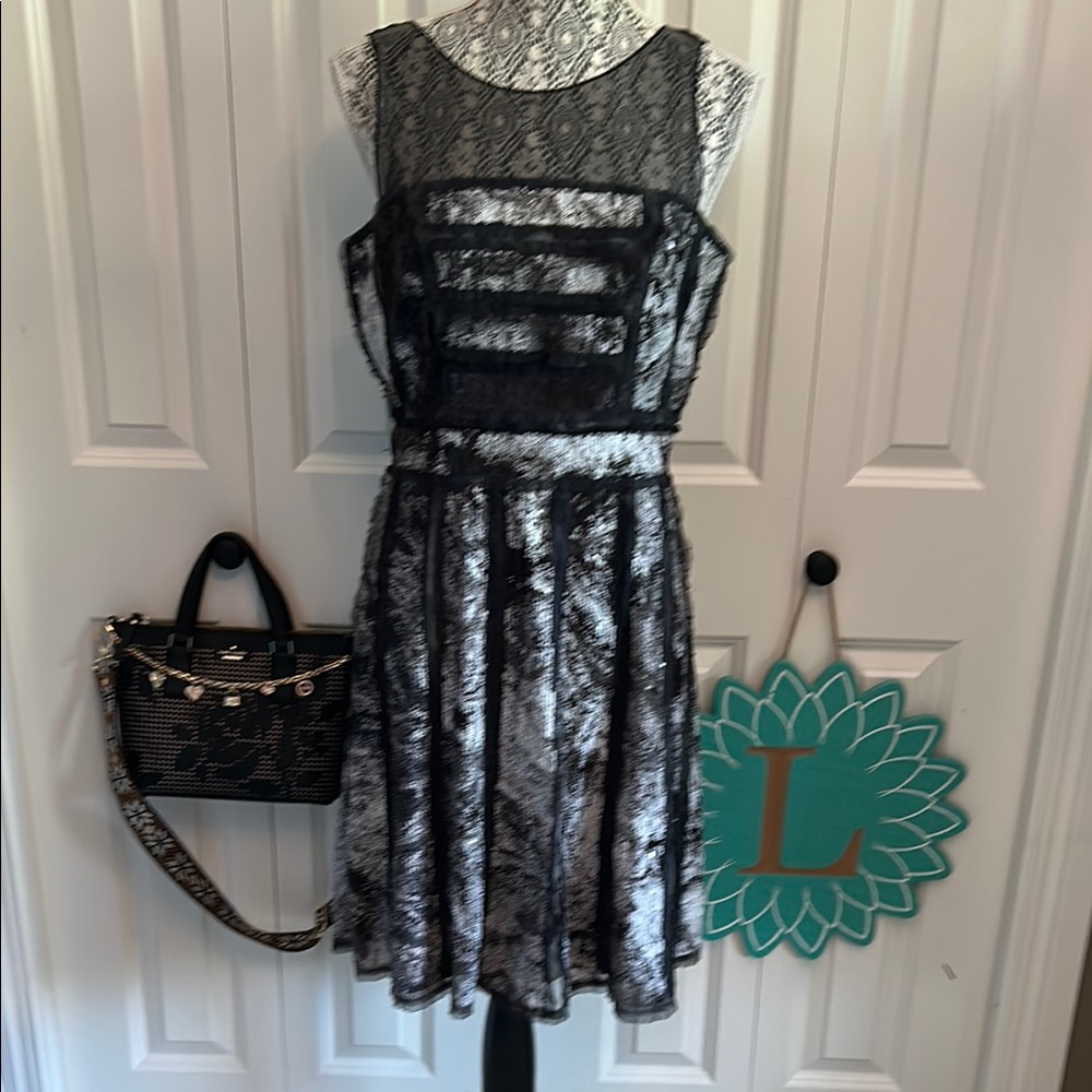 BCBGMaxAzria Black and White Fit and Flare sequinned Dress